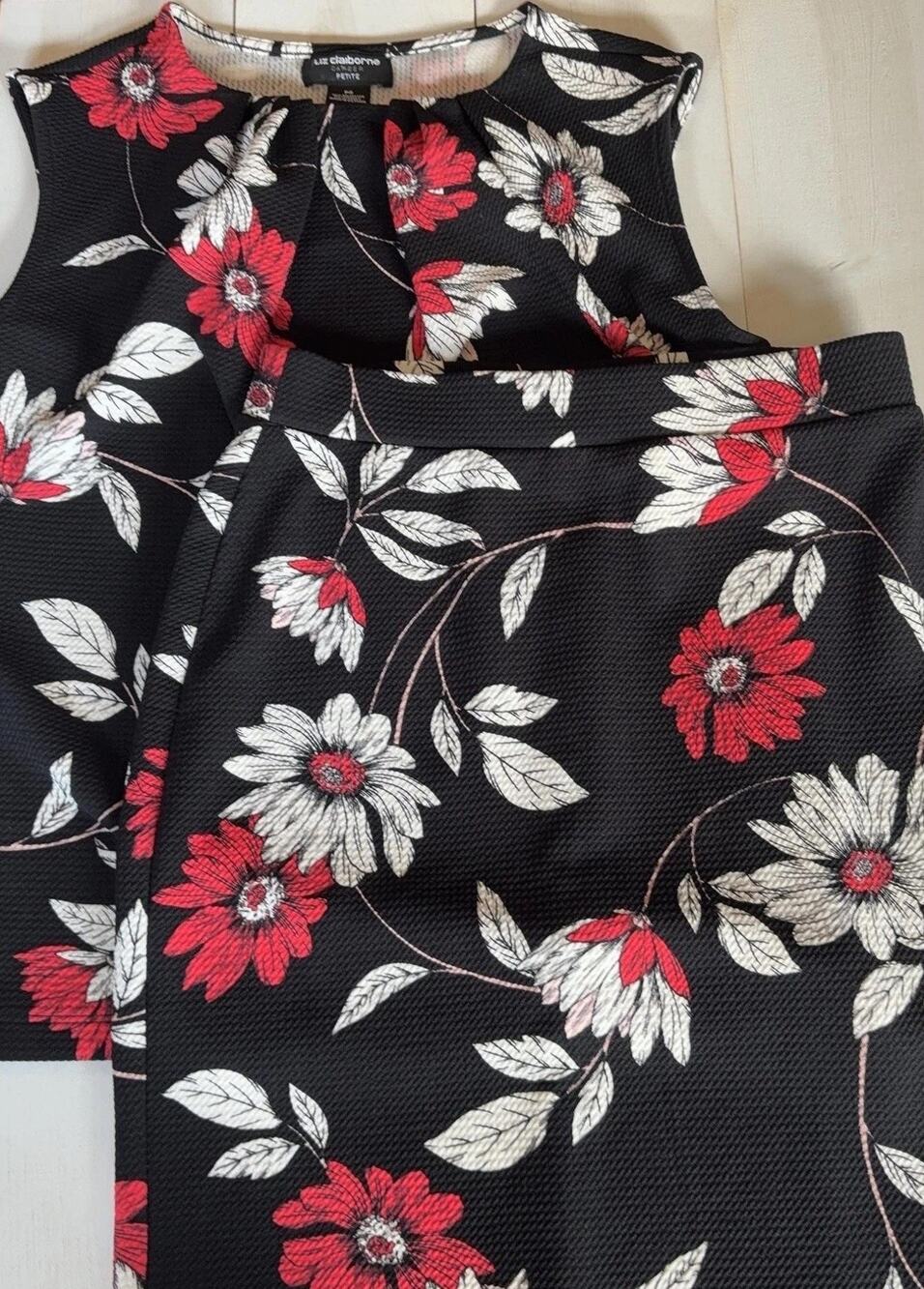 Liz Claiborne Tank Skirt Set Womens PS Black Red Floral Knit Career Petite